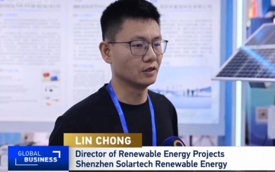 中国国际台（CGTN）喀交会“点赞”天源光伏扬水，现场报道Solartech农林灌溉和荒漠治理光伏水利解决方案